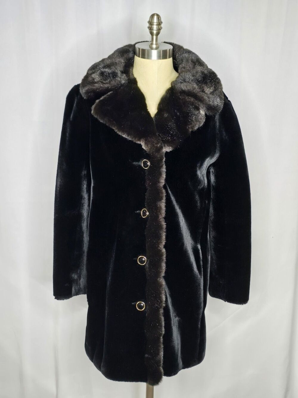 Vtg Black Woman's Faux Fur Coat Mink Collar & Trim Borgazia Dubrowsy Joseph